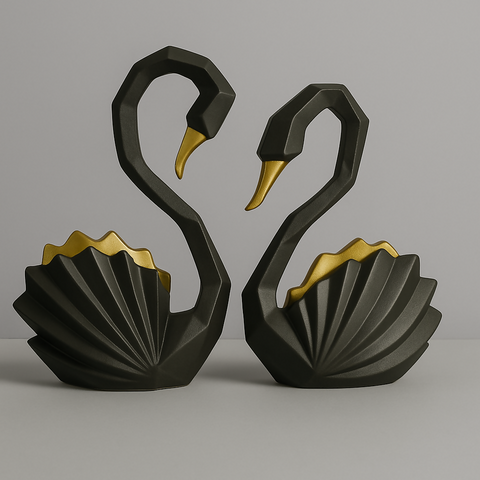 Black & Gold Swan Couple Sculpture Set