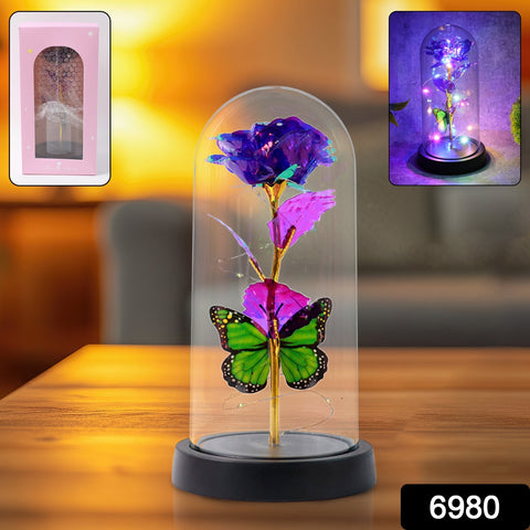 LED Preserved Rose with Colorful Butterfly in Plastic Dome