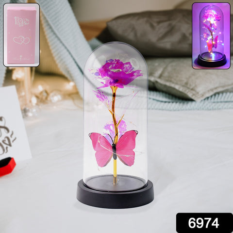 LED Decorative Rose with Butterfly in Transparent Plastic Dome
