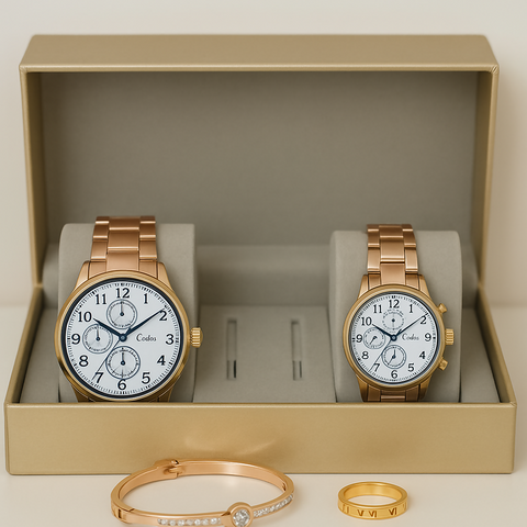 Elegance meets harmony in this stunning couple watch and jewelry combo set
