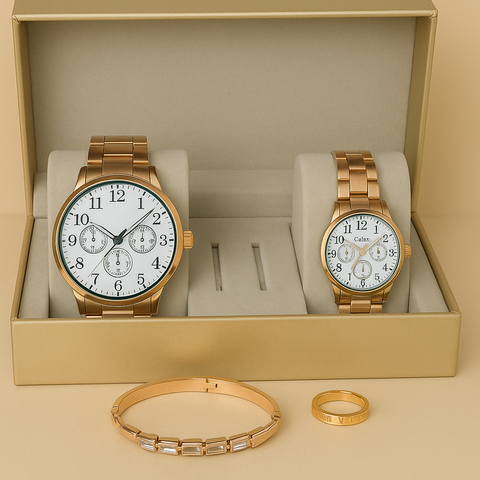 Elegance meets harmony in this stunning couple watch and jewelry combo set