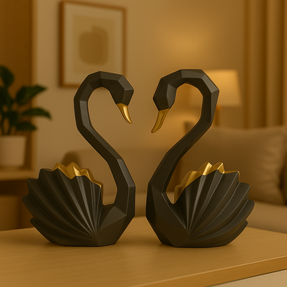 Black & Gold Swan Couple Sculpture Set