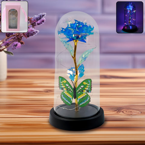 LED-Powered Eternal Rose in plastic Dome with Butterfly and Fairy Lights