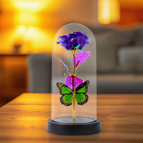 LED Preserved Rose with Colorful Butterfly in Plastic Dome