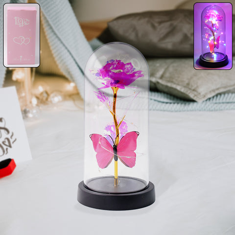 LED Decorative Rose with Butterfly in Transparent Plastic Dome