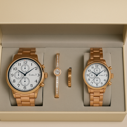 Elegance meets harmony in this stunning couple watch and jewelry combo set