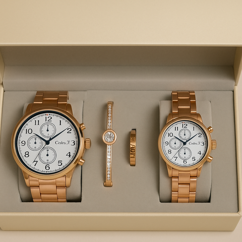 Elegance meets harmony in this stunning couple watch and jewelry combo set