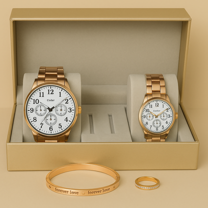 Elegance meets harmony in this stunning couple watch and jewelry combo set